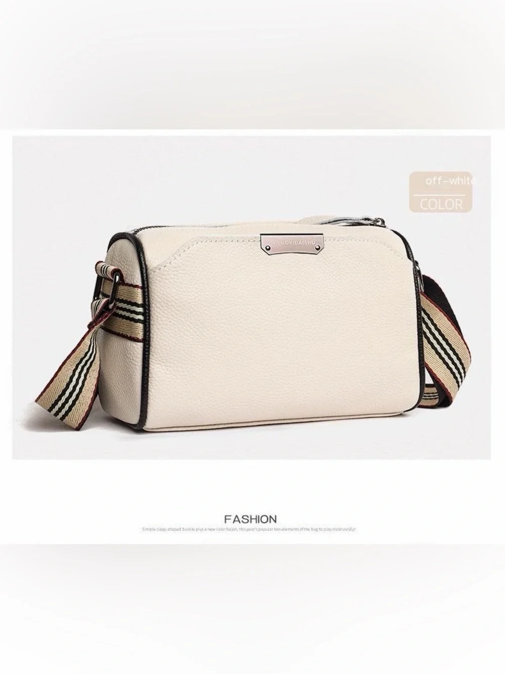 Off White Genuine Leather Crossbody Bag with Striped Strap